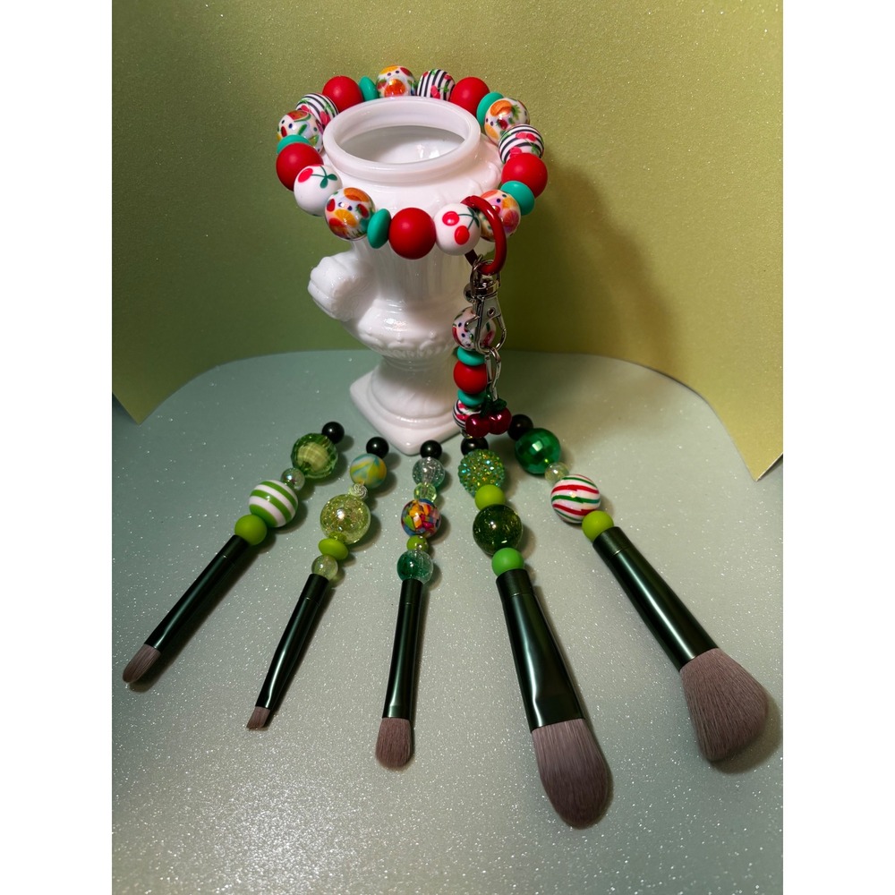 Handmade Beaded Makeup Brush Set Matching Cherry Wristlet Keychain Green Red